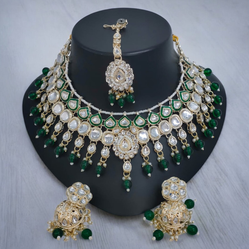 [SUNS0034 GREEN] Artisan Elite Suns0034 Green Kundan Choker Necklace Earring Jewellery Set For Marriage