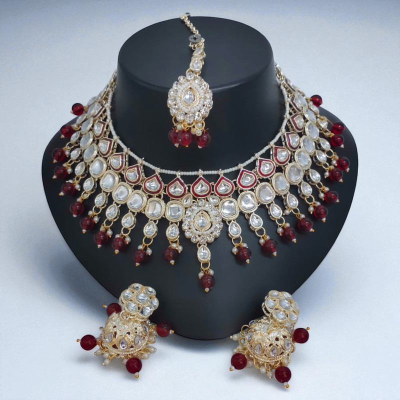 [SUNS0034 MAROON] Divine Elite Suns0034 Maroon Kundan Choker Necklace Earring Jewellery Set For Marriage