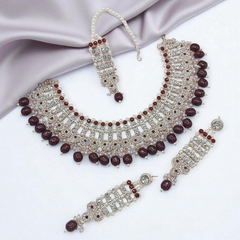 [SUNS0036 MAROON] Dazzling Elite Suns0036 Maroon Kundan Choker Necklace Earring Jewellery Set For Marriage