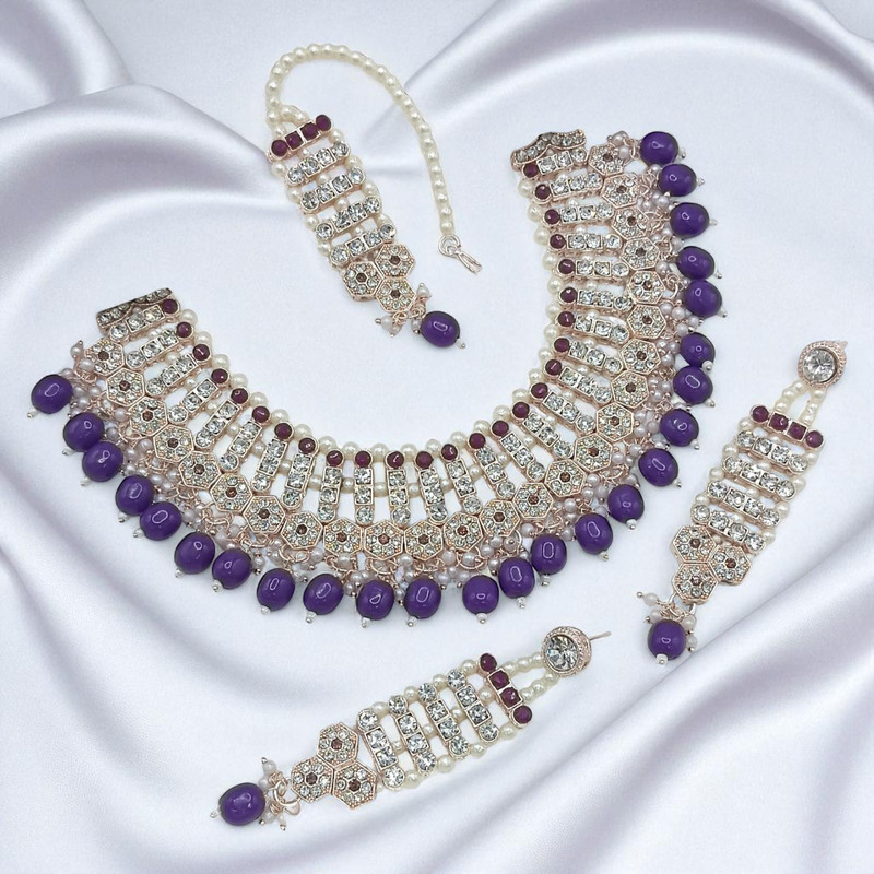 [SUNS0036 PURPLE] Radiant Elite Suns0036 Purple Kundan Choker Necklace Earring Jewellery Set For Marriage