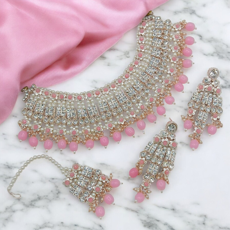 [SUNS0037 BABY PINK] Alluring Elite Suns0037 Baby Pink Kundan Choker Necklace Earring Jewellery Set For Marriage