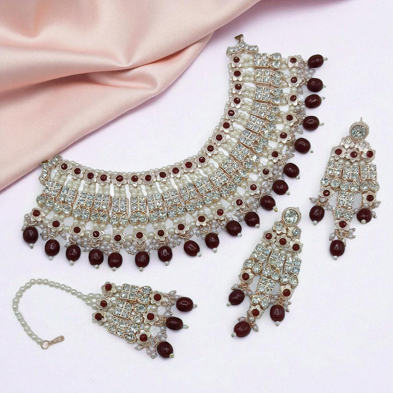 SUNS0037 MAROON Kundan Choker Necklace Earring Jewellery set for Marriage