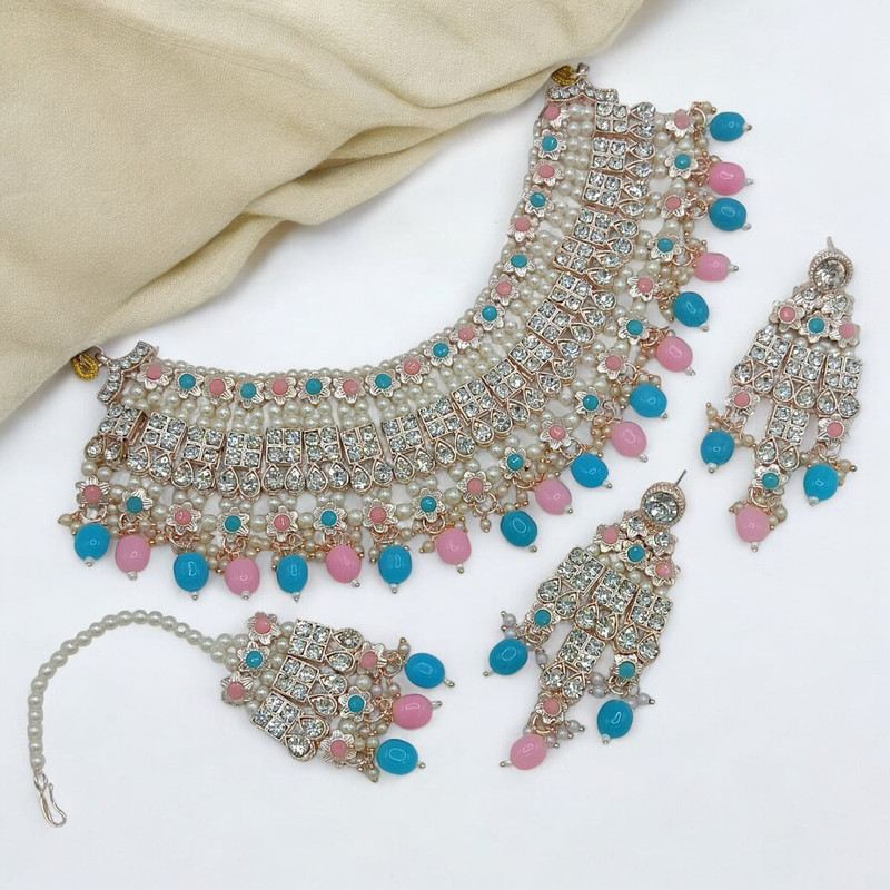 [SUNS0037 PINK BLUE] Mesmerizing Elite Suns0037 Pink Blue Kundan Choker Necklace Earring Jewellery Set For Marriage