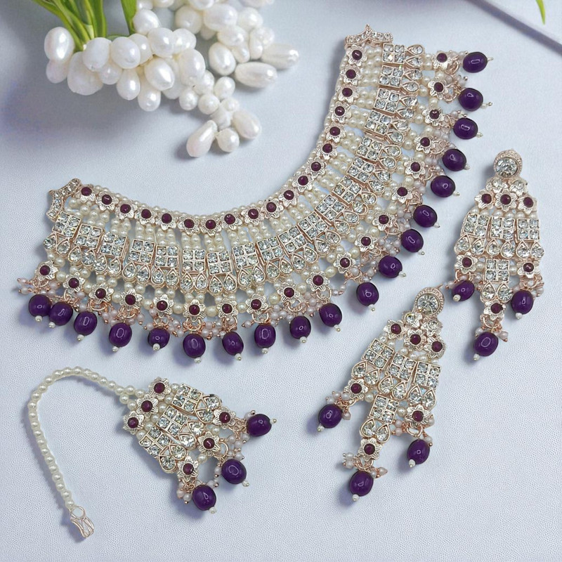 SUNS0037 PURPLE Kundan Choker Necklace Earring Jewellery set for Marriage