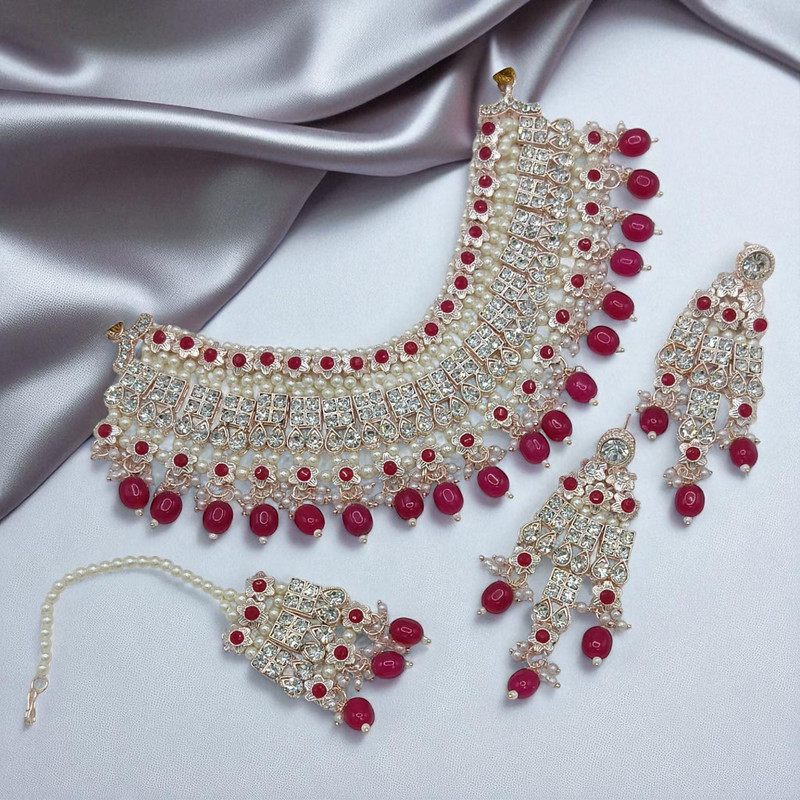[SUNS0037 RANI PINK] Ethereal Elite Suns0037 Rani Pink Kundan Choker Necklace Earring Jewellery Set For Marriage