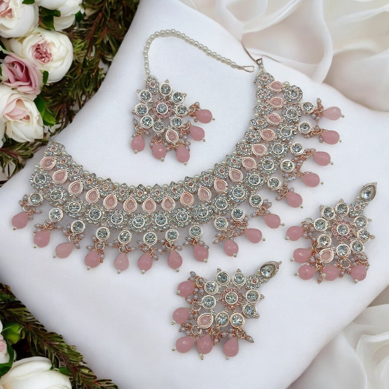 SUNS0038 BABY PINK Kundan Choker Necklace Earring Jewellery set for Marriage