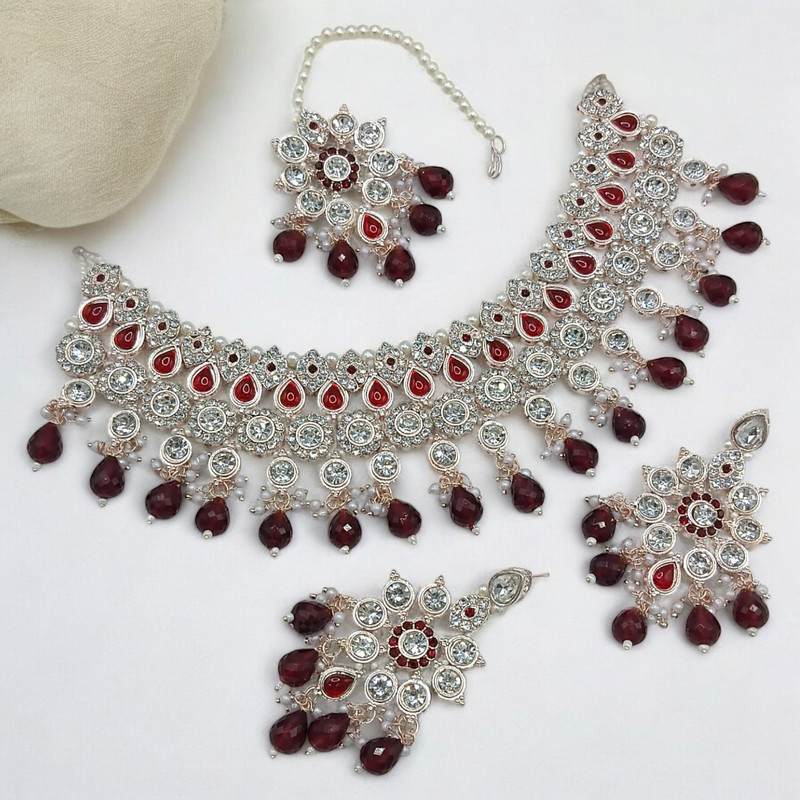 [SUNS0038 MAROON] Ornate Elite Suns0038 Maroon Kundan Choker Necklace Earring Jewellery Set For Marriage
