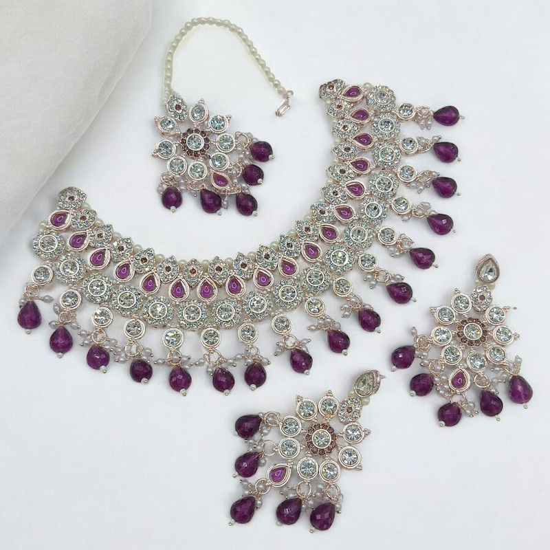 [SUNS0038 PURPLE] Resplendent Elite Suns0038 Purple Kundan Choker Necklace Earring Jewellery Set For Marriage