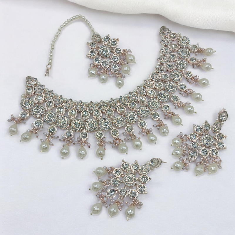 SUNS0038 WHITE Kundan Choker Necklace Earring Jewellery set for Marriage