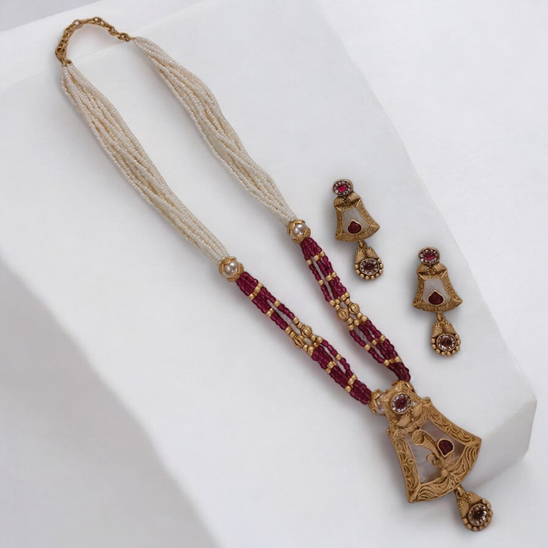 [SUNS0039 MAROON GREEN] Traditional Supreme Suns0039 Maroon Green Copper Necklace & Earrings Jewellery Set For Women