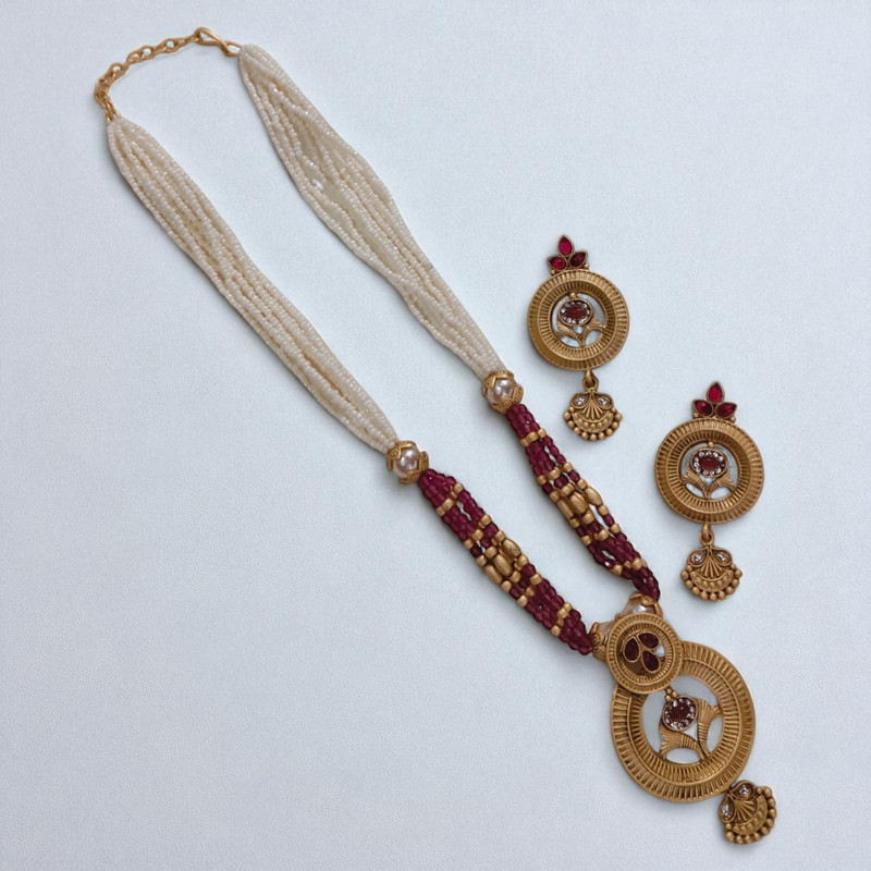 [SUNS0040 MAROON GREEN] Desi Supreme Suns0040 Maroon Green Copper Necklace & Earrings Jewellery Set For Women