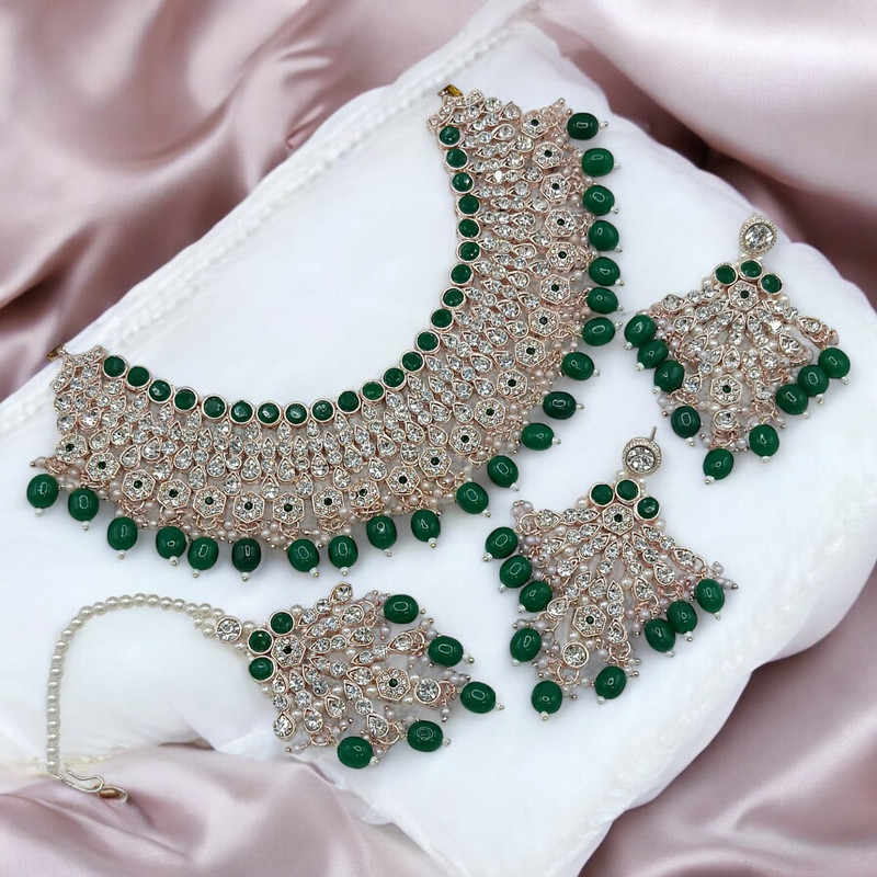 SUNS0042 GREEN Kundan Choker Necklace Earring Jewellery set for Marriage