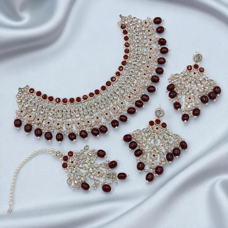 [SUNS0042 MAROON] Shandaar Supreme Suns0042 Maroon Kundan Choker Necklace Earring Jewellery Set For Marriage