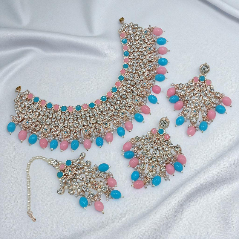 [SUNS0042 PINK BLUE] Exquisite Supreme Suns0042 Pink Blue Kundan Choker Necklace Earring Jewellery Set For Marriage