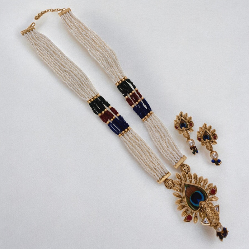 SUNS0045 PEACOCK Copper Necklace & Earrings Jewellery set for Women