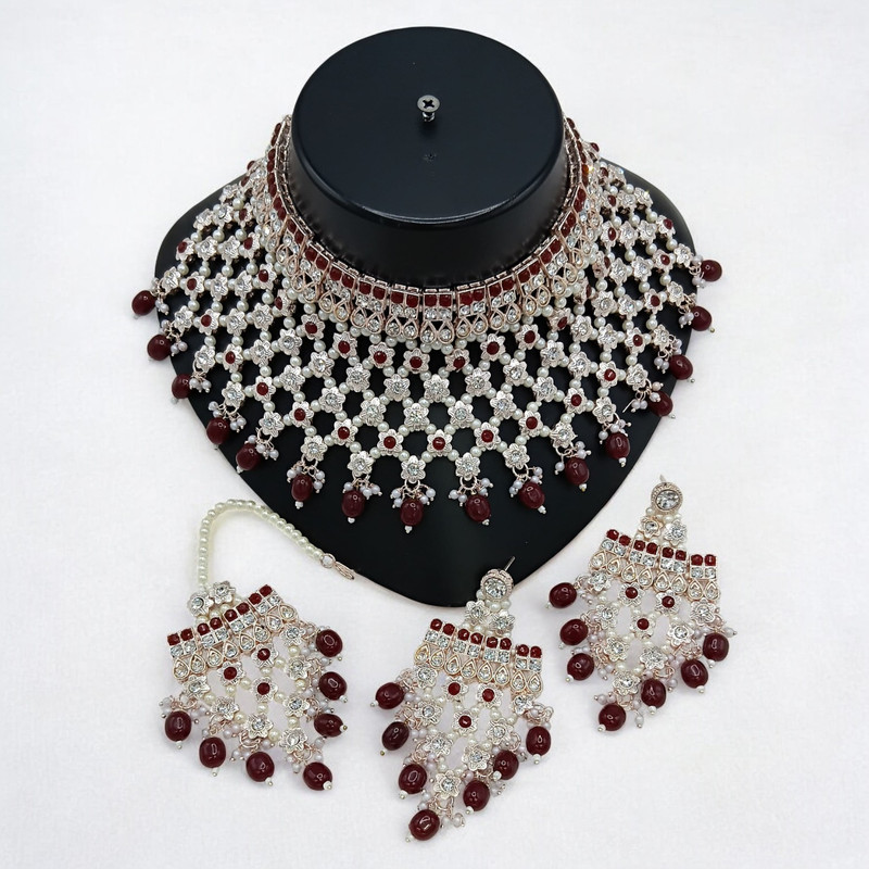 [SUNS0046 MAROON] Grand Supreme Suns0046 Maroon Kundan Choker Necklace Earring Jewellery Set For Marriage