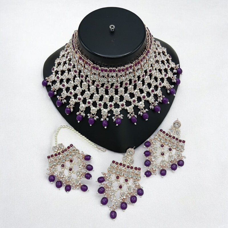 [SUNS0046 PURPLE] Dazzling Supreme Suns0046 Purple Kundan Choker Necklace Earring Jewellery Set For Marriage