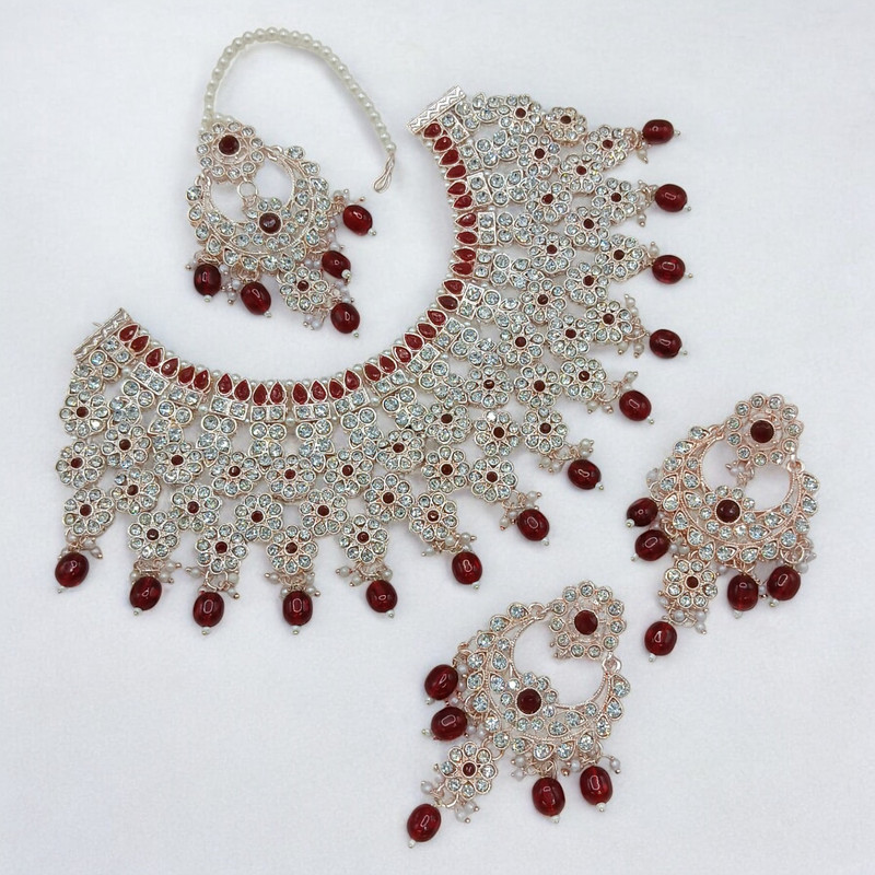 SUNS0047 MAROON Kundan Choker Necklace Earring Jewellery set for Marriage