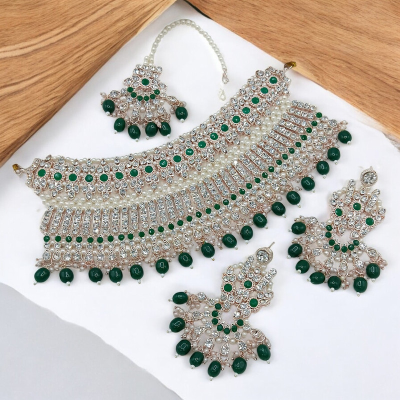 [SUNS0049 GREEN] Pristine Supreme Suns0049 Green Kundan Choker Necklace Earring Jewellery Set For Marriage