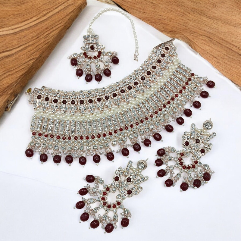 [SUNS0049 MAROON] Ornate Supreme Suns0049 Maroon Kundan Choker Necklace Earring Jewellery Set For Marriage