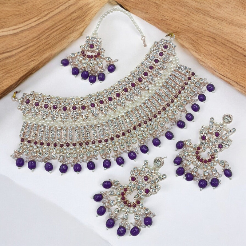[SUNS0049 PURPLE] Resplendent Supreme Suns0049 Purple Kundan Choker Necklace Earring Jewellery Set For Marriage