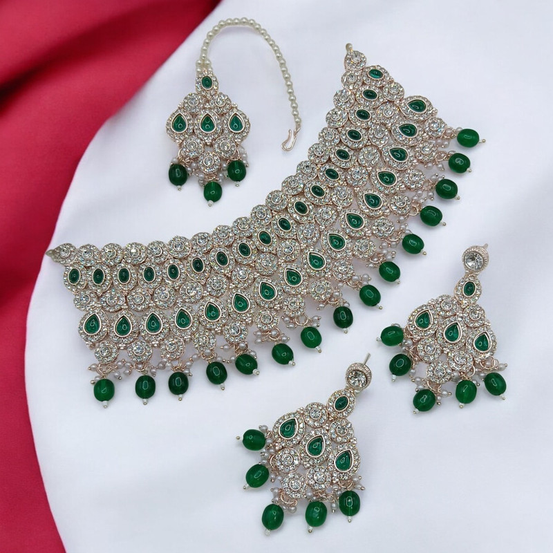[SUNS0050 GREEN] Lustrous Supreme Suns0050 Green Kundan Choker Necklace Earring Jewellery Set For Marriage