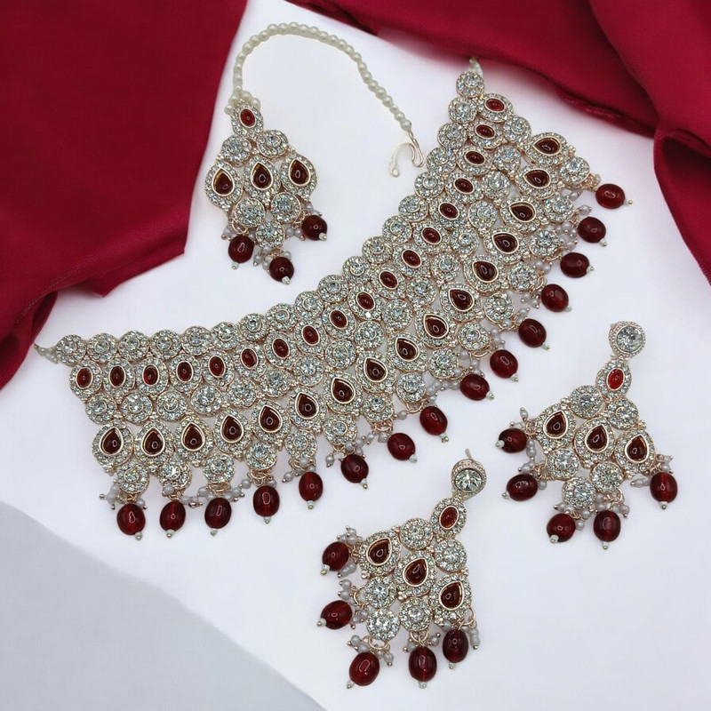 [SUNS0050 MAROON] Vibrant Supreme Suns0050 Maroon Kundan Choker Necklace Earring Jewellery Set For Marriage