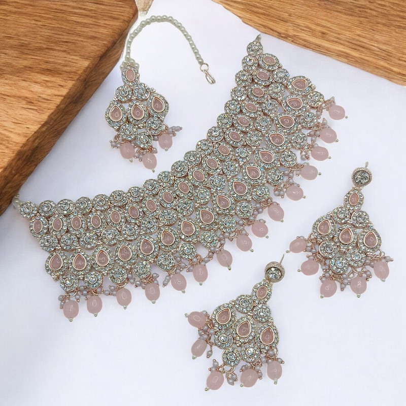 [SUNS0050 PINK BLUE] Traditional Prime Suns0050 Pink Blue Kundan Choker Necklace Earring Jewellery Set For Marriage