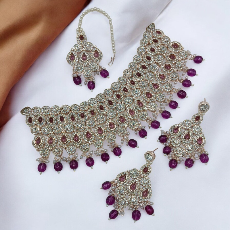 [SUNS0050 PURPLE] Chic Prime Suns0050 Purple Kundan Choker Necklace Earring Jewellery Set For Marriage