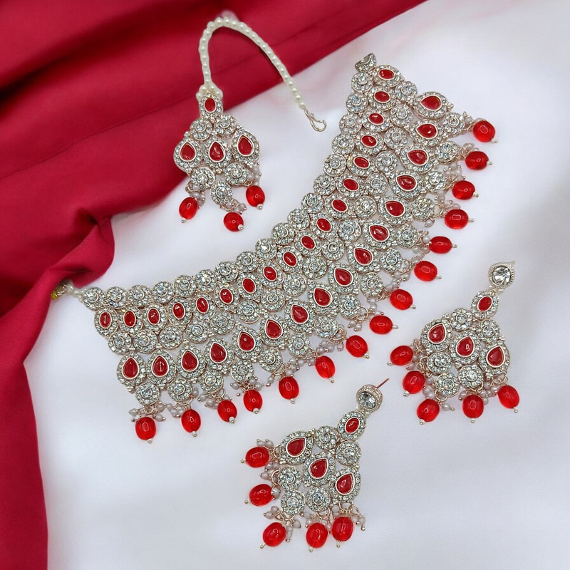 SUNS0050 RED Kundan Choker Necklace Earring Jewellery set for Marriage