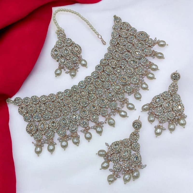 [SUNS0050 WHITE] Desi Prime Suns0050 White Kundan Choker Necklace Earring Jewellery Set For Marriage