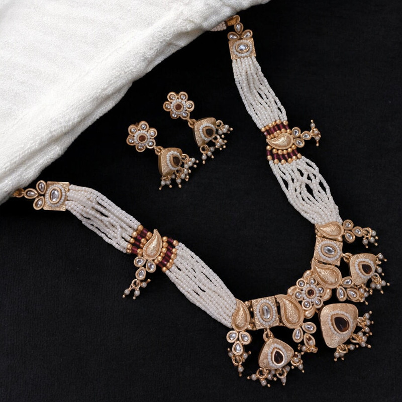 SUNS0051 MAROON GREEN Copper Necklace & Earrings Jewellery set for Women