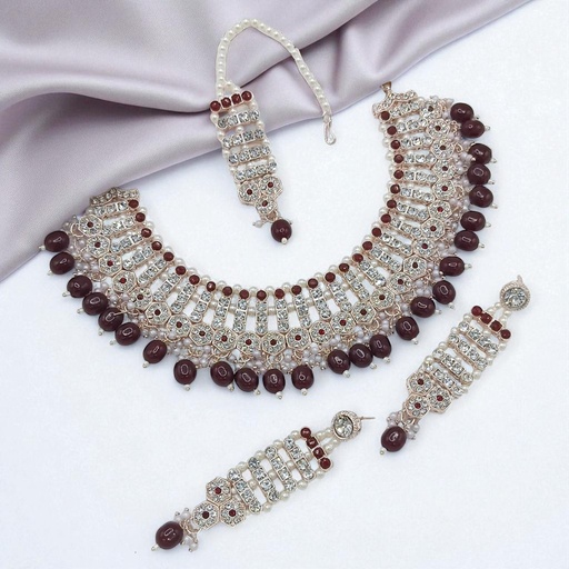 [SUNS0036 MAROON] SUNS0036 MAROON Kundan Choker Necklace Earring Jewellery set for Marriage