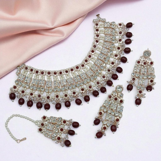 [SUNS0037 MAROON] SUNS0037 MAROON Kundan Choker Necklace Earring Jewellery set for Marriage