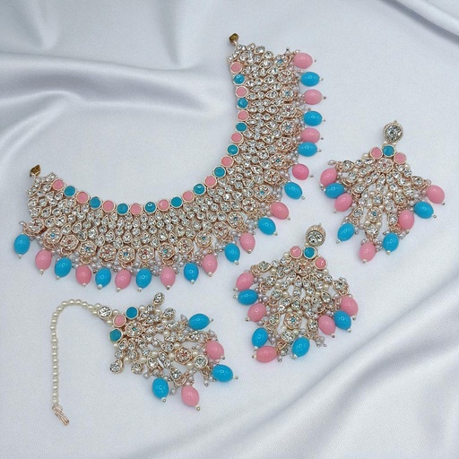 [SUNS0042 PINK BLUE] SUNS0042 PINK BLUE Kundan Choker Necklace Earring Jewellery set for Marriage
