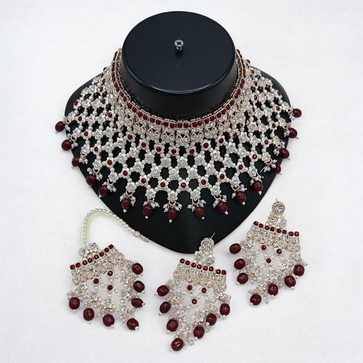 [SUNS0046 MAROON] SUNS0046 MAROON Kundan Choker Necklace Earring Jewellery set for Marriage