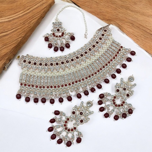 [SUNS0049 MAROON] SUNS0049 MAROON Kundan Choker Necklace Earring Jewellery set for Marriage
