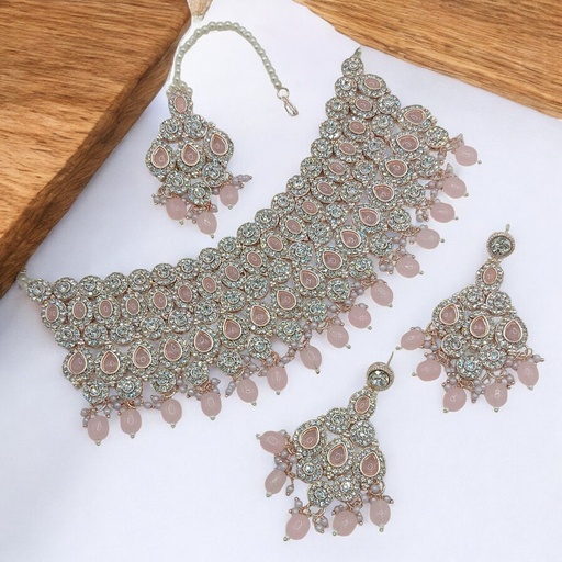 [SUNS0050 PINK BLUE] SUNS0050 PINK BLUE Kundan Choker Necklace Earring Jewellery set for Marriage