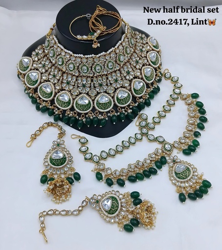 [BRIDAL 2417 GREEN] BRIDAL 2417 GREEN Kundan Choker Necklace Earring Jewellery set for Bride