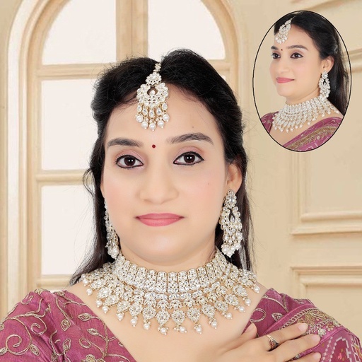 [BRIDAL COMBO 22 WHITE] BRIDAL COMBO 22 WHITE Kundan Choker Necklace Earring Jewellery set for Bride