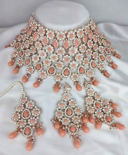 [BRIDAL COMBO 24 peach] BRIDAL COMBO 24 peach Kundan Choker Necklace Earring Jewellery set for Bride