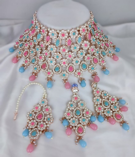 [BRIDAL COMBO 24 sky blue peach] BRIDAL COMBO 24 sky blue peach Kundan Choker Necklace Earring Jewellery set for Bride