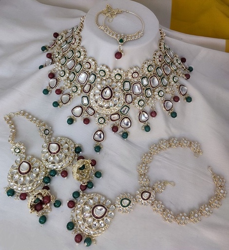 [Bridal Combo 41 maroon green] Bridal Combo 41 maroon green Kundan Choker Necklace Earring Jewellery set for Bride