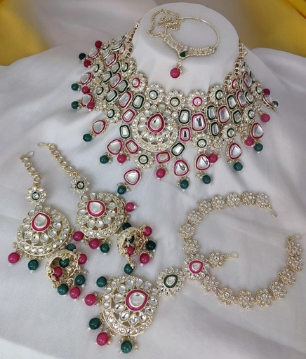 [Bridal Combo 41 rani pink green] Bridal Combo 41 rani pink green Kundan Choker Necklace Earring Jewellery set for Bride