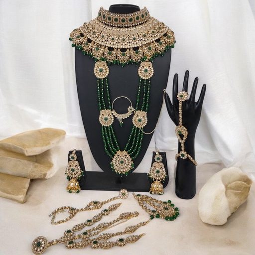 [BRIDAL COMBO 59 GREEN] BRIDAL COMBO 59 GREEN Kundan Choker Necklace Earring Jewellery set for Bride