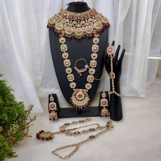 [BRIDAL COMBO 61 MAROON] BRIDAL COMBO 61 MAROON Kundan Choker Necklace Earring Jewellery set for Bride