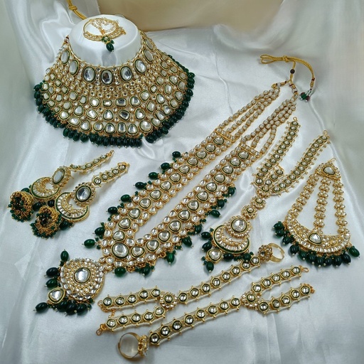 [BRIDAL COMBO 62 GREEN] BRIDAL COMBO 62 GREEN Kundan Choker Necklace Earring Jewellery set for Bride