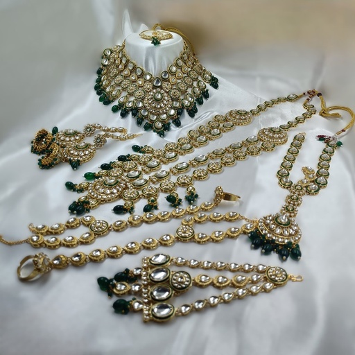 [BRIDAL COMBO 65 GREEN] BRIDAL COMBO 65 GREEN Kundan Choker Necklace Earring Jewellery set for Bride