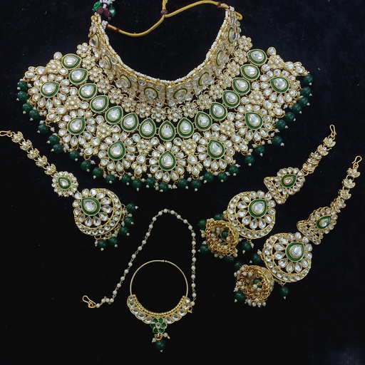 [BRIDAL COMBO 67 GREEN] BRIDAL COMBO 67 GREEN Kundan Choker Necklace Earring Jewellery set for Bride