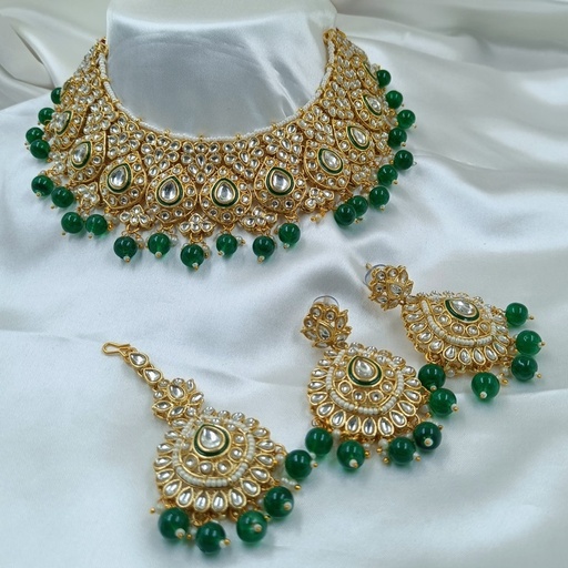 [BRIDAL COMBO 68 GREEN] BRIDAL COMBO 68 GREEN Kundan Choker Necklace Earring Jewellery set for Bride